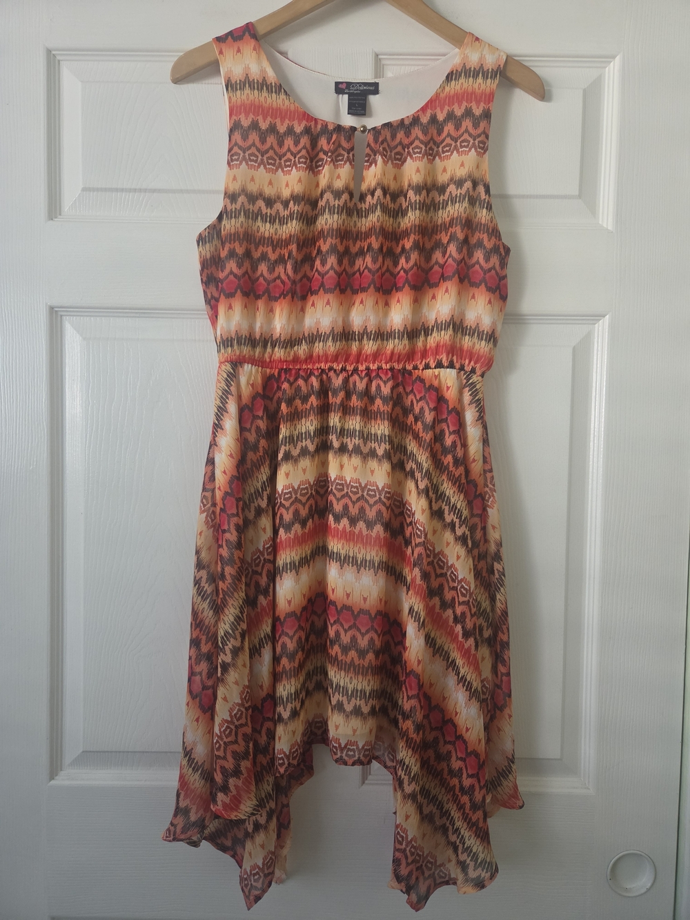Delirious Multicolor Chevron Handkerchief Hem Dress - Orange/Brown Women's Large